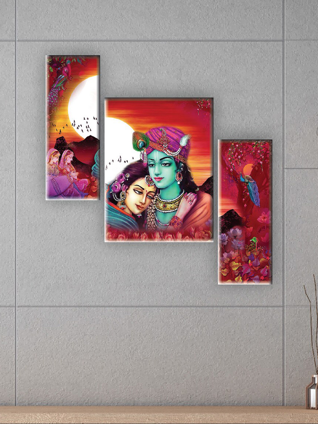 SAF Red & Purple 3 Pieces Radha Krishna Printed UV Textured Wall Arts