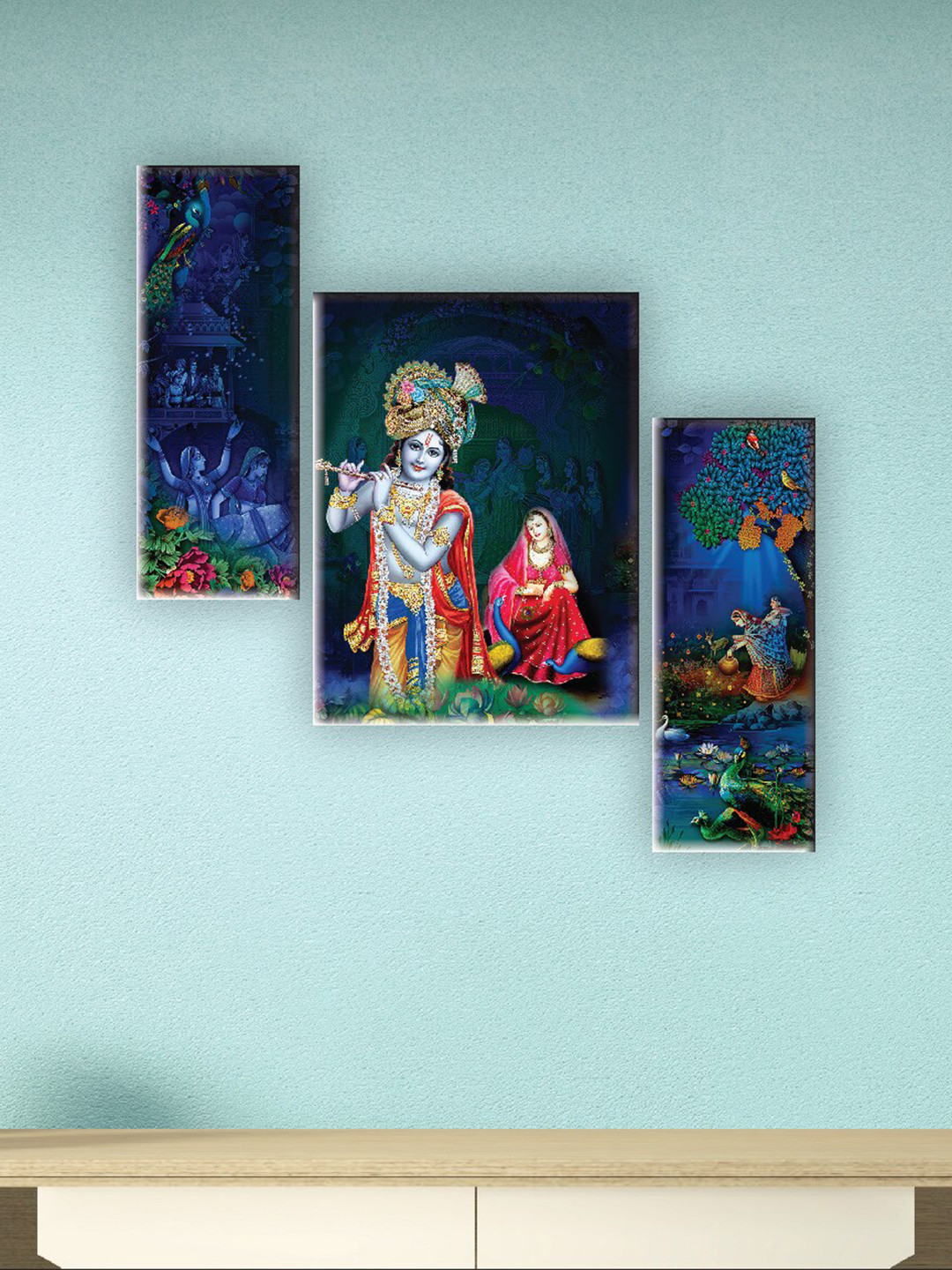 SAF Blue & Pink 3 Pieces Lord Krishna Painted UV Textured Self-Adhesive Wall Art
