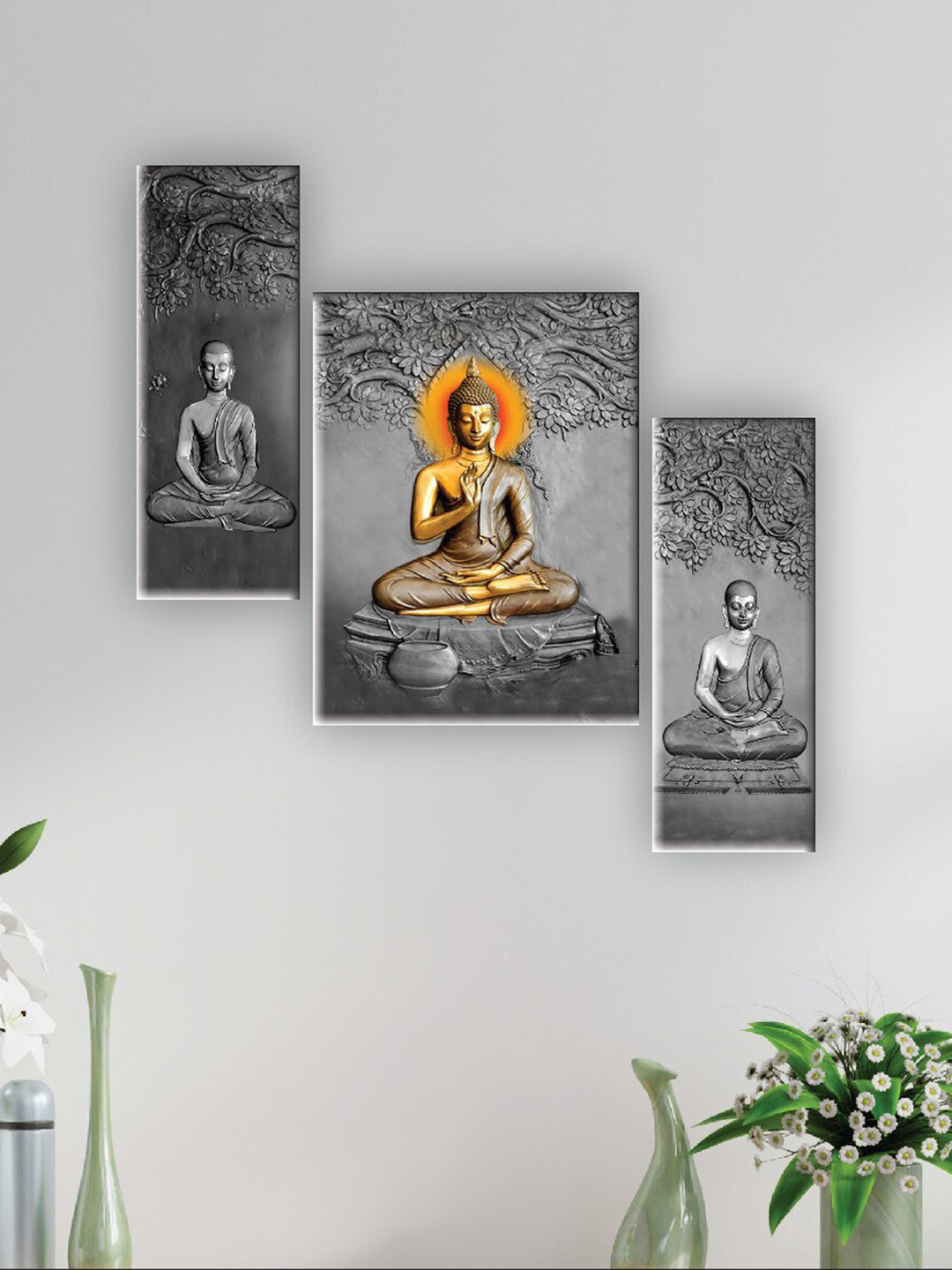 SAF Grey & Beige 3 Pieces Lord Buddha Painted UV Textured Self Adhesive Wall Art