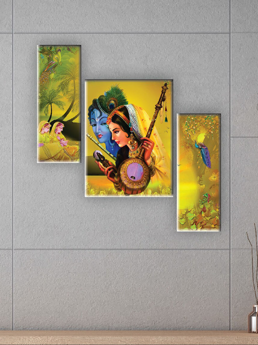 SAF Yellow 3 Pieces Kirshna & Meera Bai Painting Wall Arts