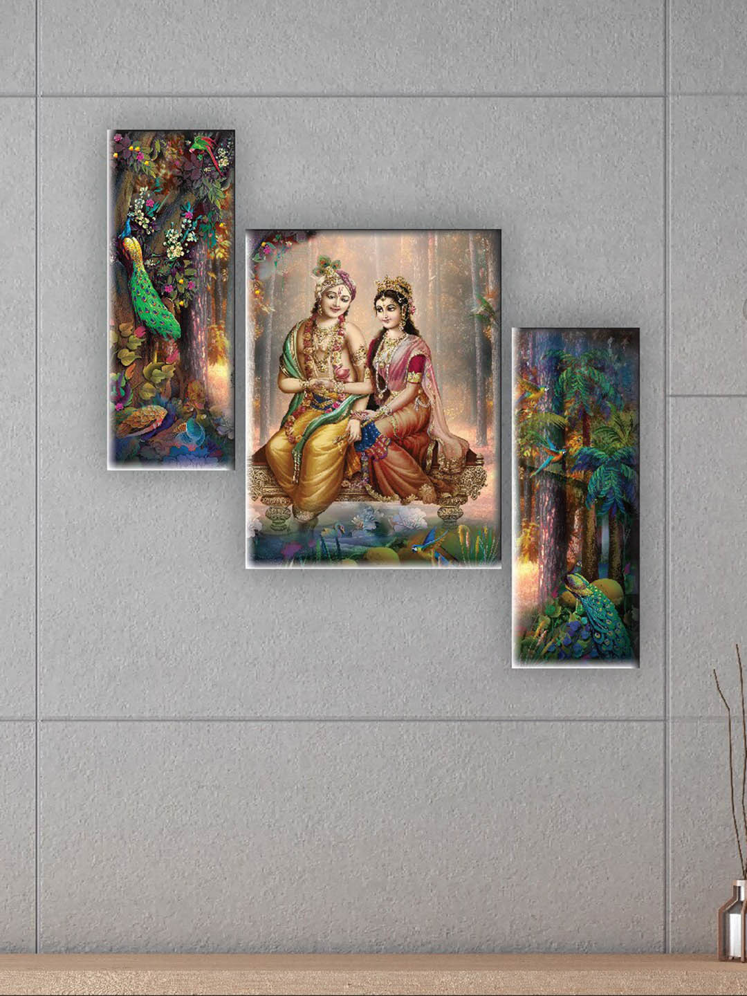 SAF Green 3 Pieces Radha Krishna Painting Wall Arts