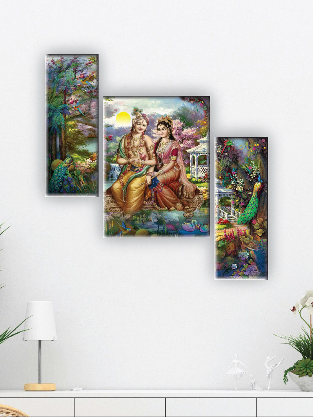 SAF Green 3 Pieces Radha Krishna Painting Wall Arts