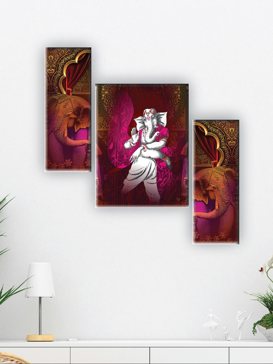 SAF Purple 3 Pieces Lord Ganesha Painting Wall Arts