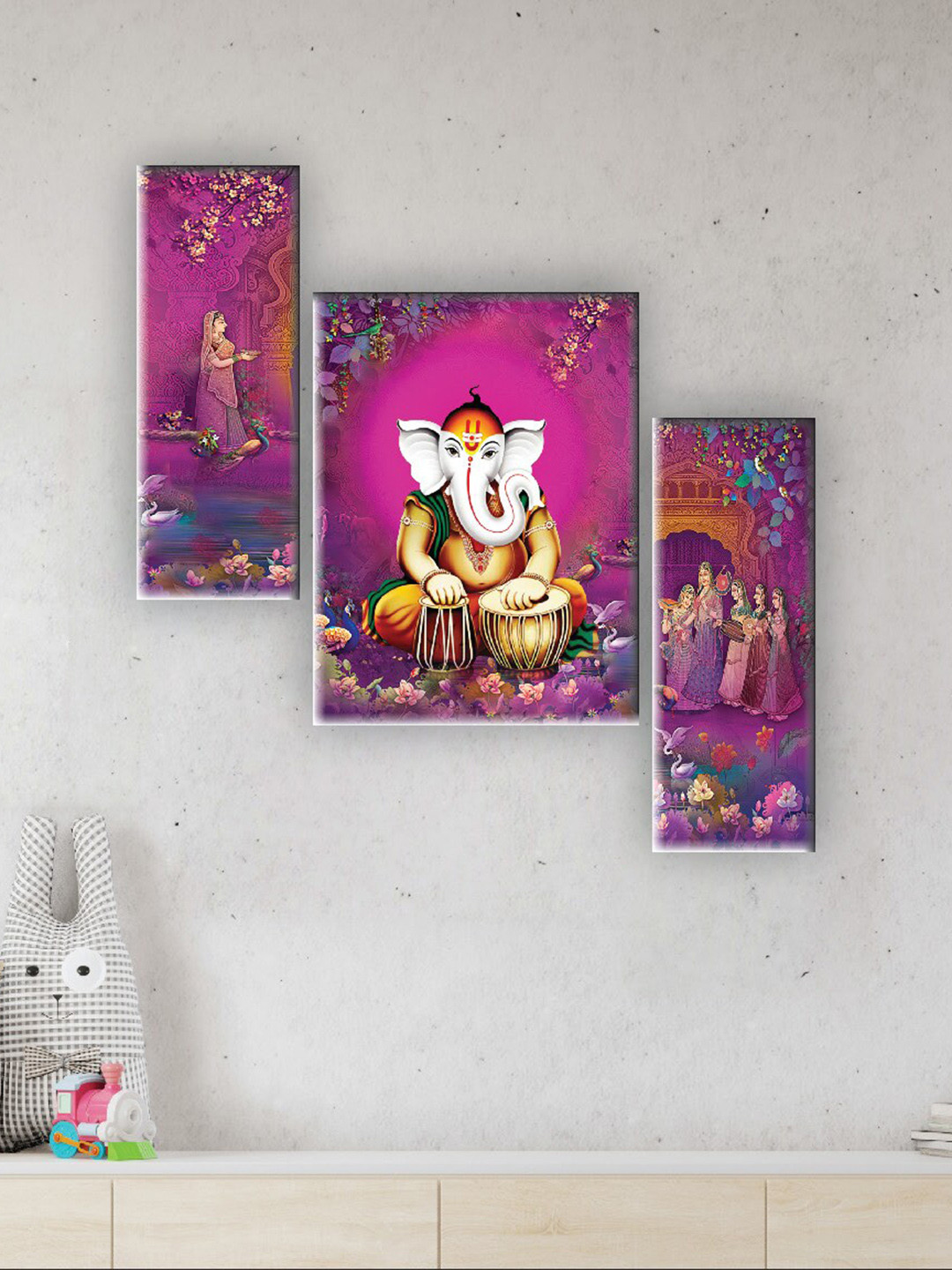 SAF Purple 3 Pieces Lord Ganesha Painting Wall Arts