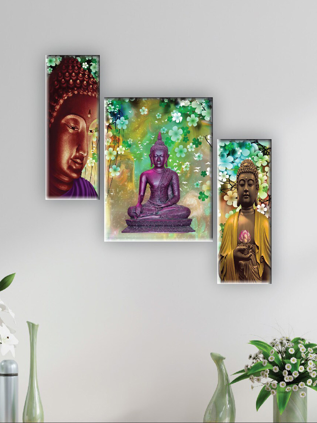 SAF Yellow 3 Pieces Lord Budha Digital Reprinted Wall Art