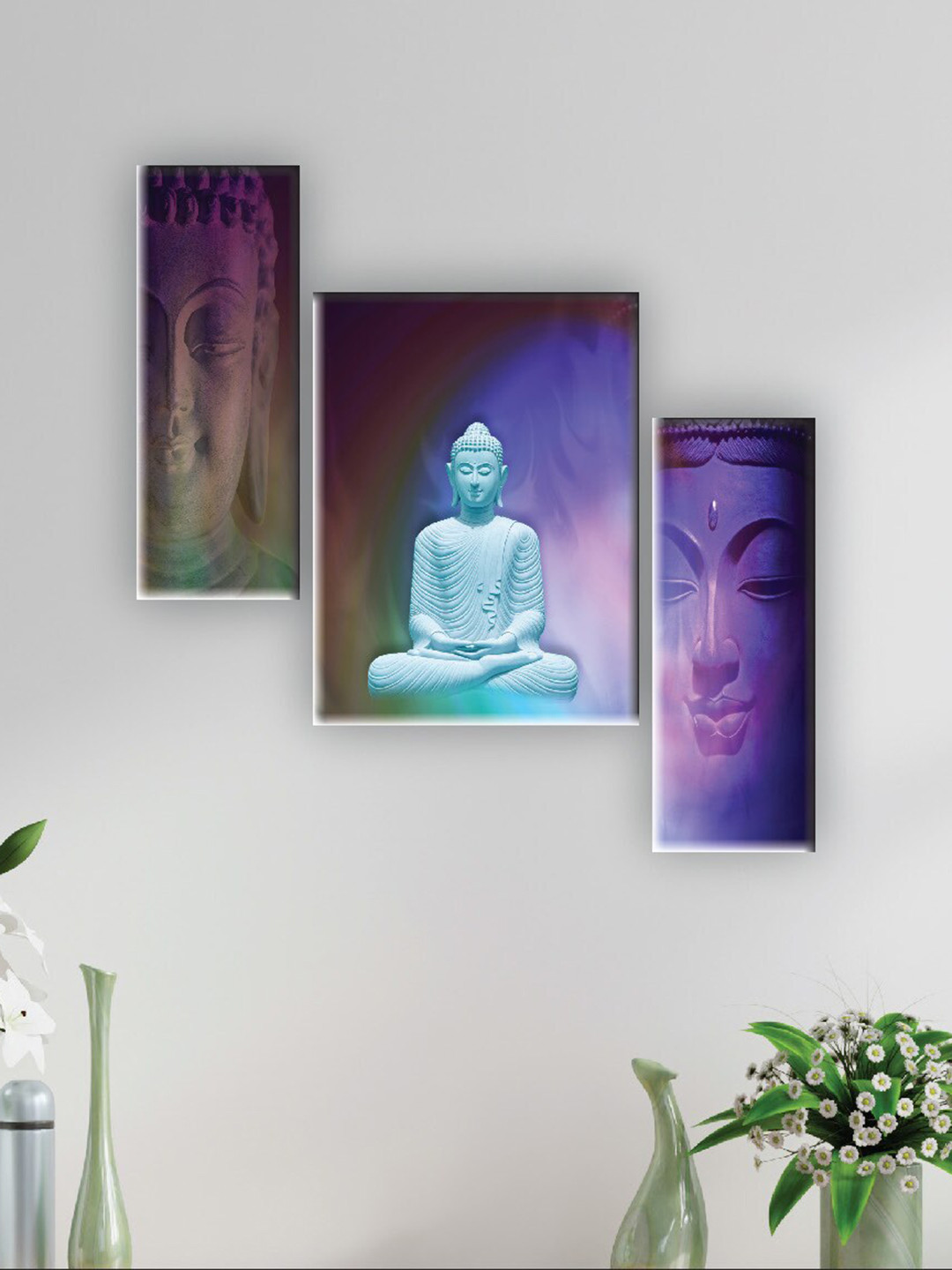 SAF Purple 3 Pieces Lord Budha Digital Reprinted Wall Art