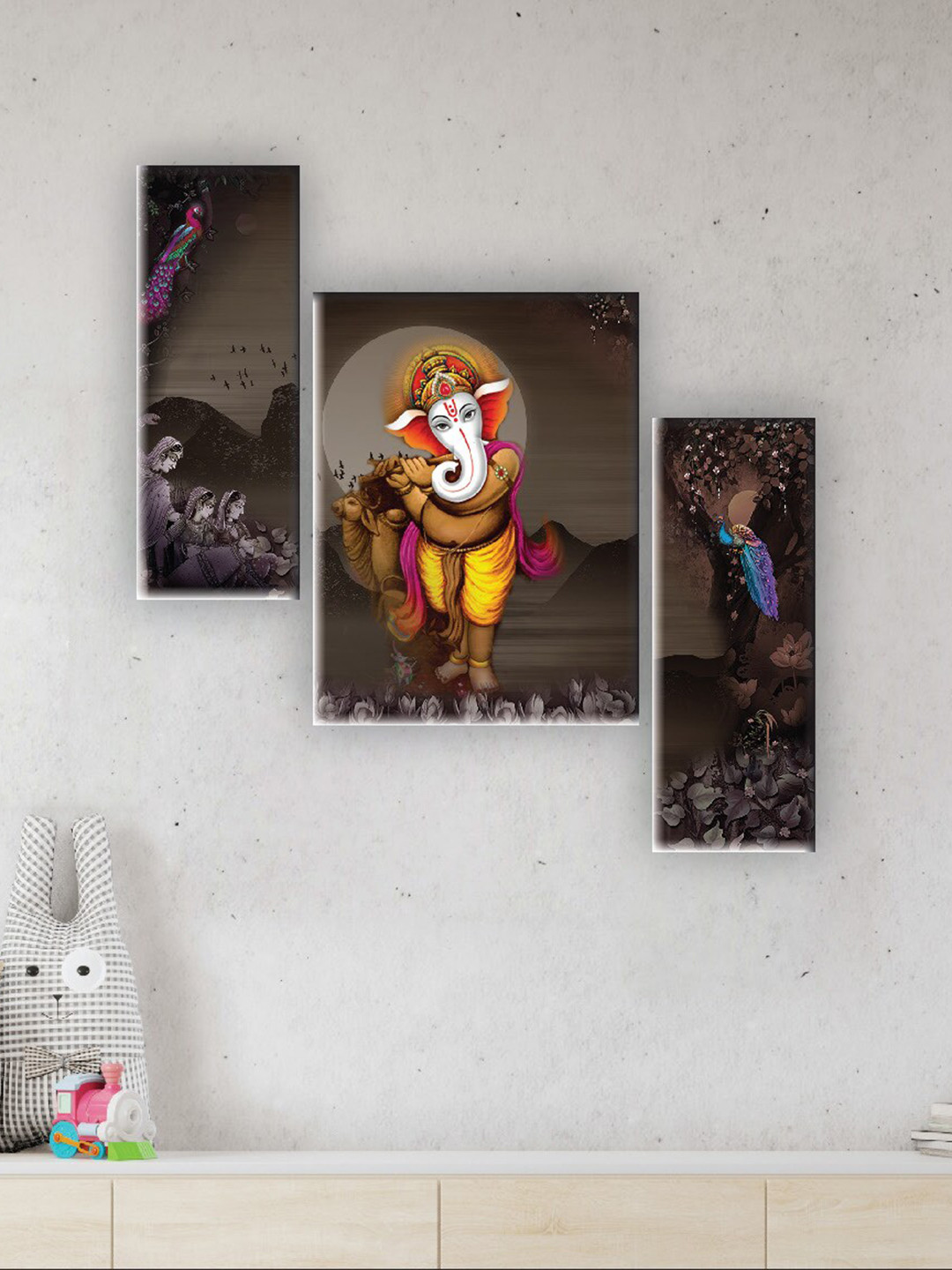 SAF Brown 3 Pieces Lord Ganesha Digital Reprinted Wall Art