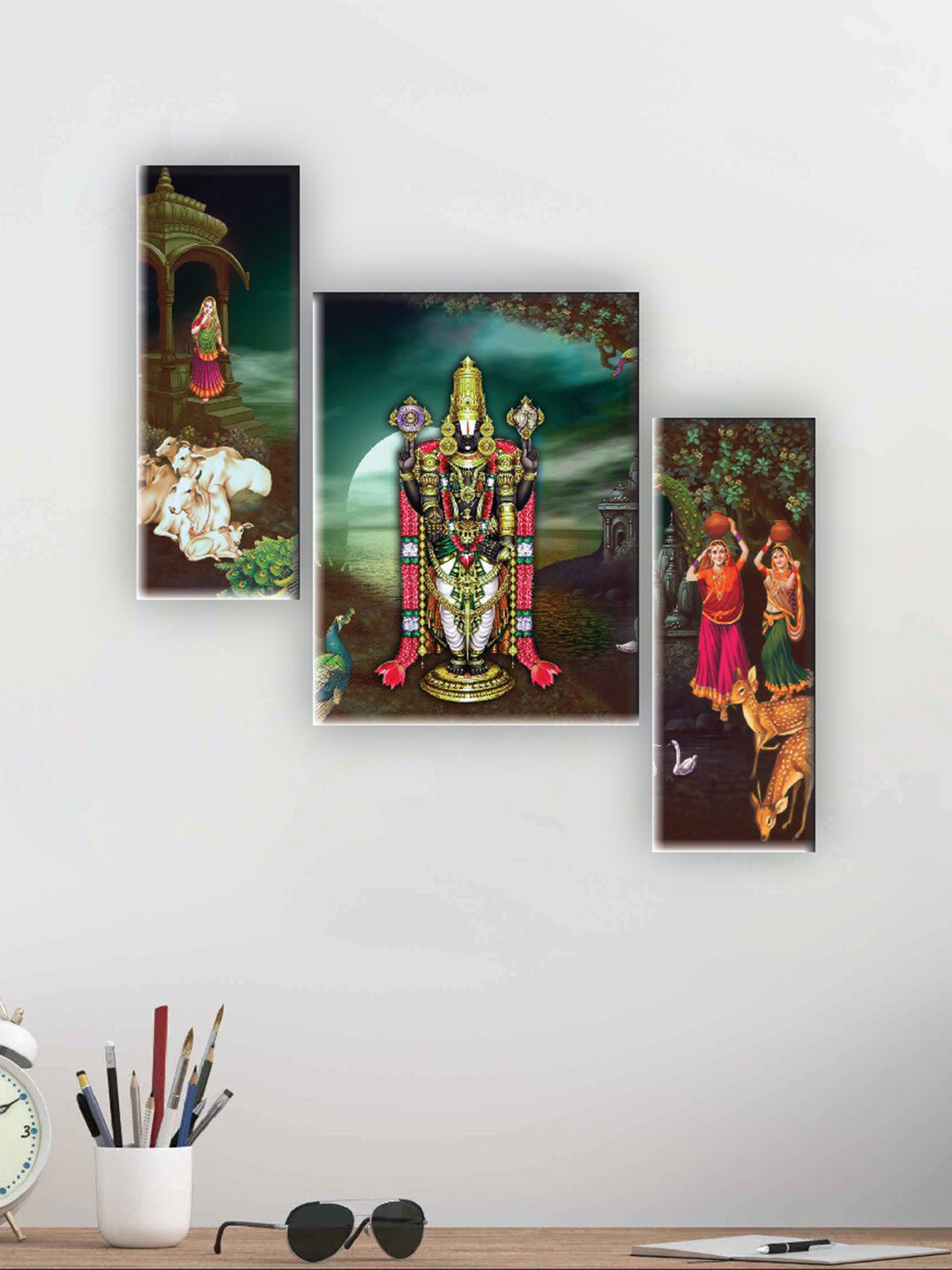 SAF Blue 3 Pieces Tirupati Balaji Digital Reprinted Wall Art
