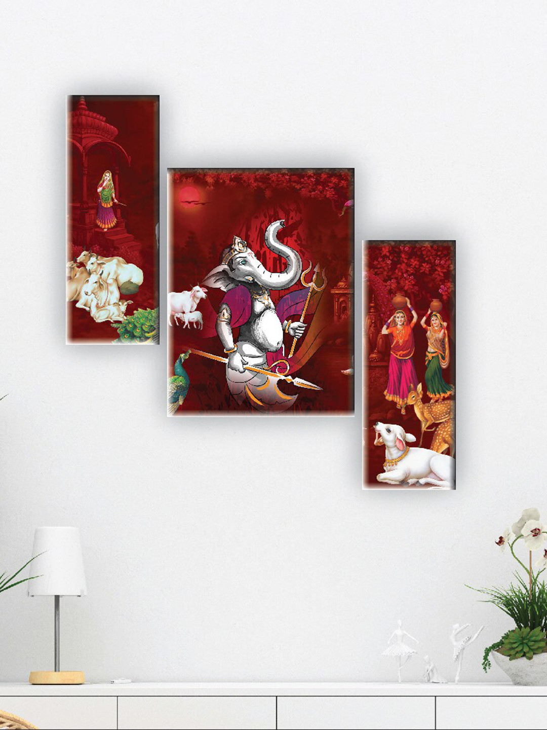 SAF Red 3 Pieces Lord Ganesha Digital Reprinted Wall Art