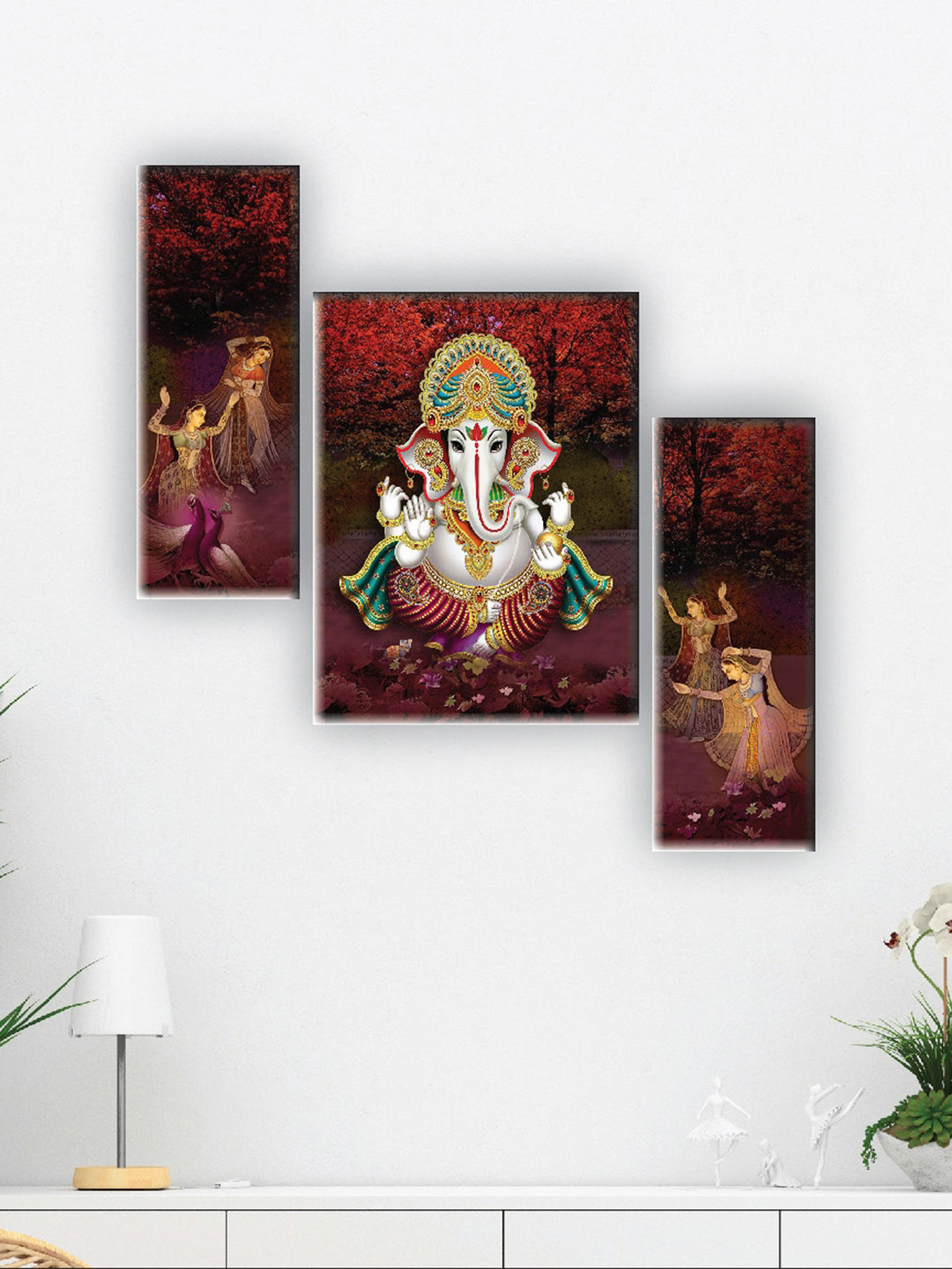 SAF Red 3 Pieces Lord Ganesha Digital Reprinted Wall Art