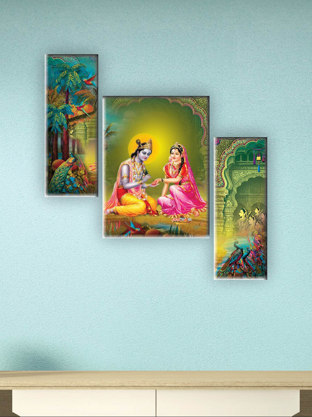 SAF Green & Pink 3 Pieces Radha Krishna Digital Reprinted Wall Art