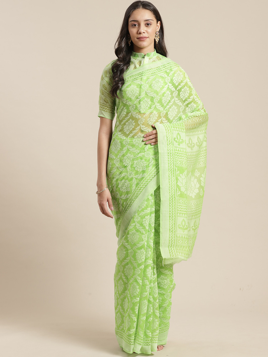 Anouk Rustic Green & White Ethnic Motifs Printed Chanderi Brasso Saree