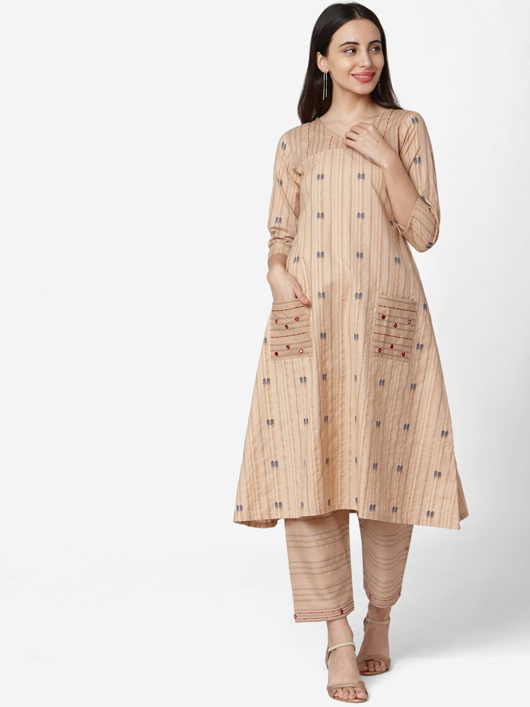 Saanjh Brown Striped Regular A-Line Kurta With Trousers