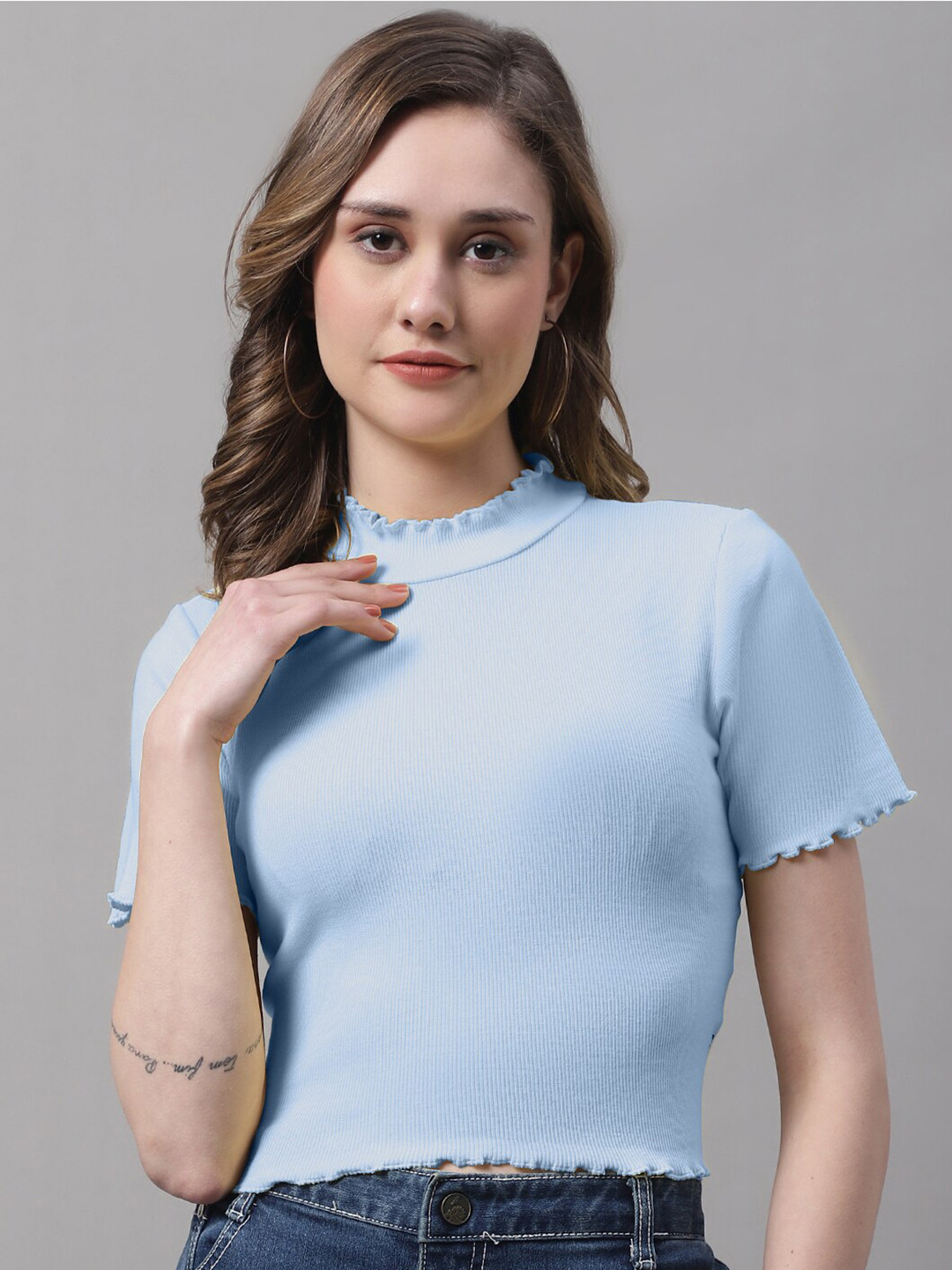 FBAR Turquoise High Neck Cotton Fitted Crop Top