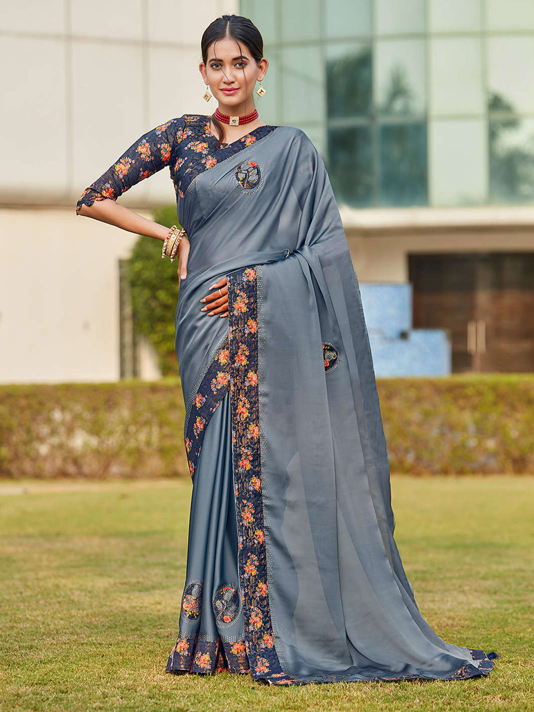 Mitera Grey & Peach-Coloured Floral Embellished Silk Blend Saree