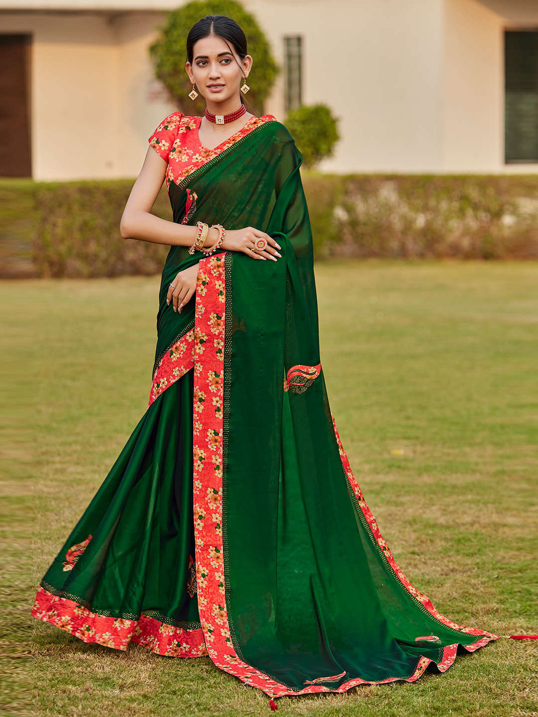Mitera Green & Red Floral Woven Design Border Saree