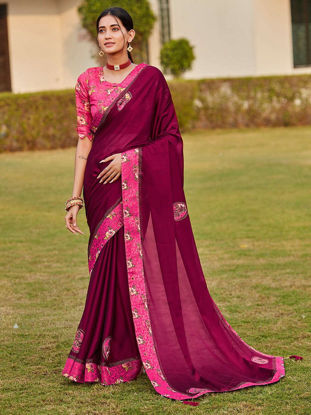 Mitera Purple & Yellow Floral Printed Silk Blend Designer Saree