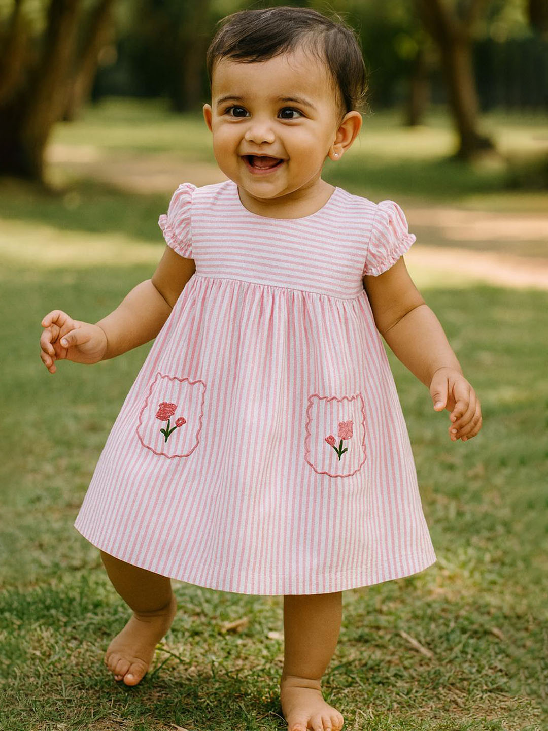 MeeMee Girls Infants Striped Puff Sleeves Cotton Fit & Flare Dress