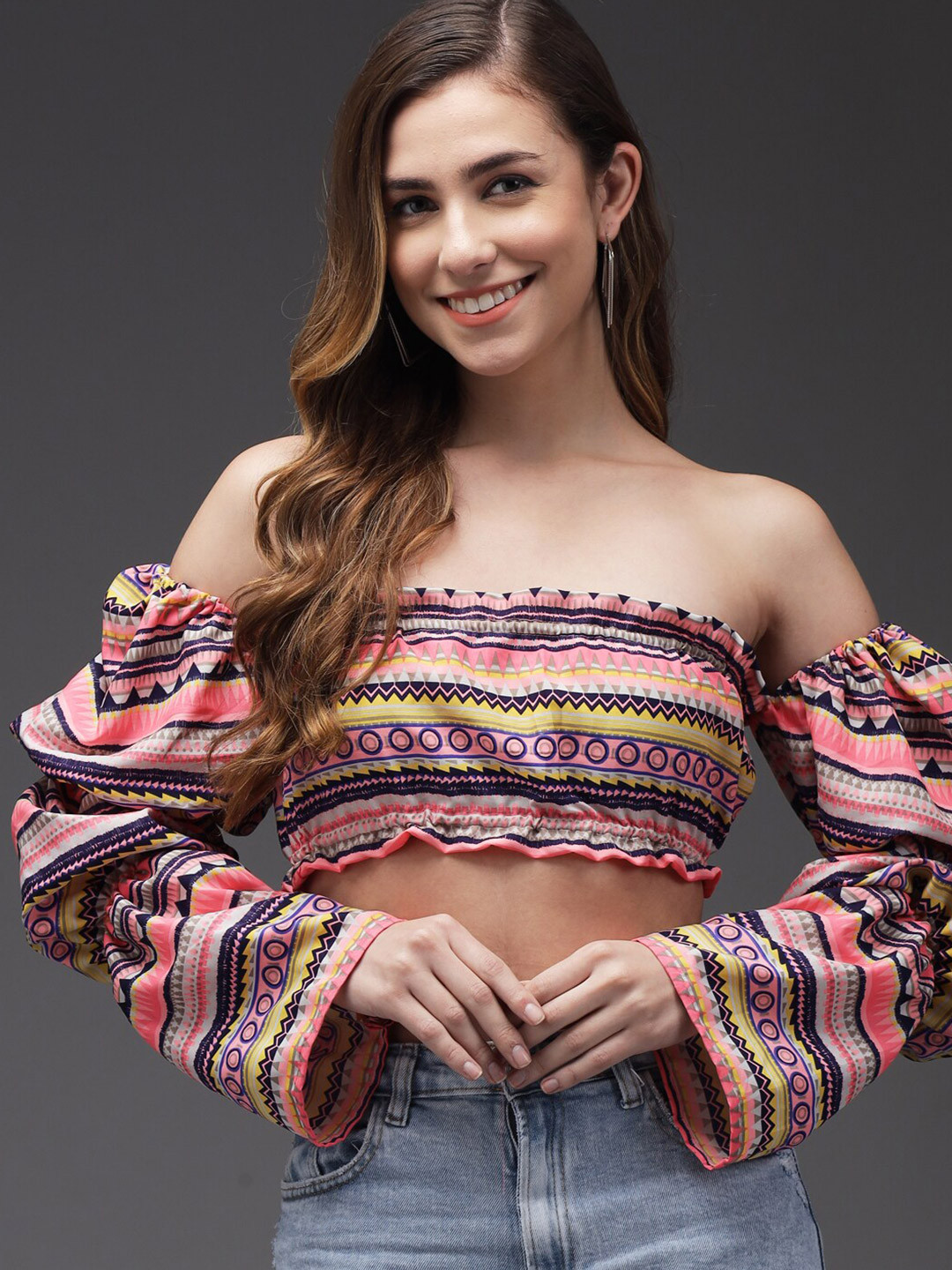 BAESD Tribal Printed Off-Shoulder Crop Bardot Top