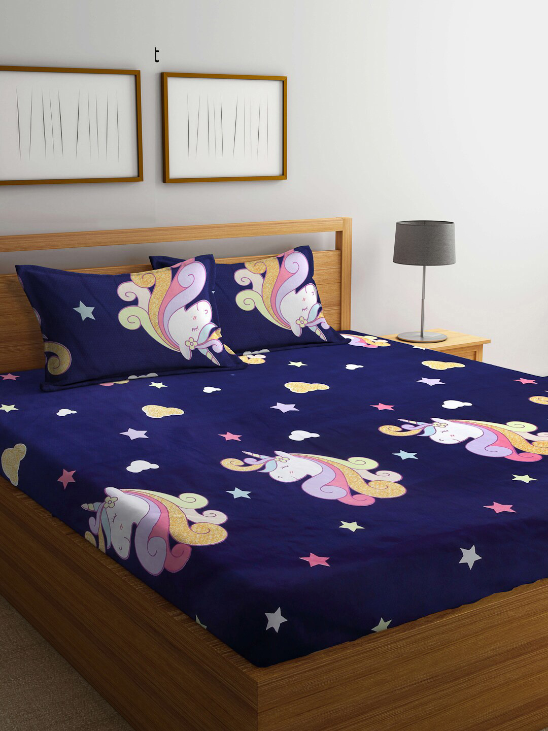 FABINALIV Navy Blue Cartoon Characters Polycotton 300 TC Fitted King Fine Bedsheet with 2 Pillow Covers-98 x 89 inches