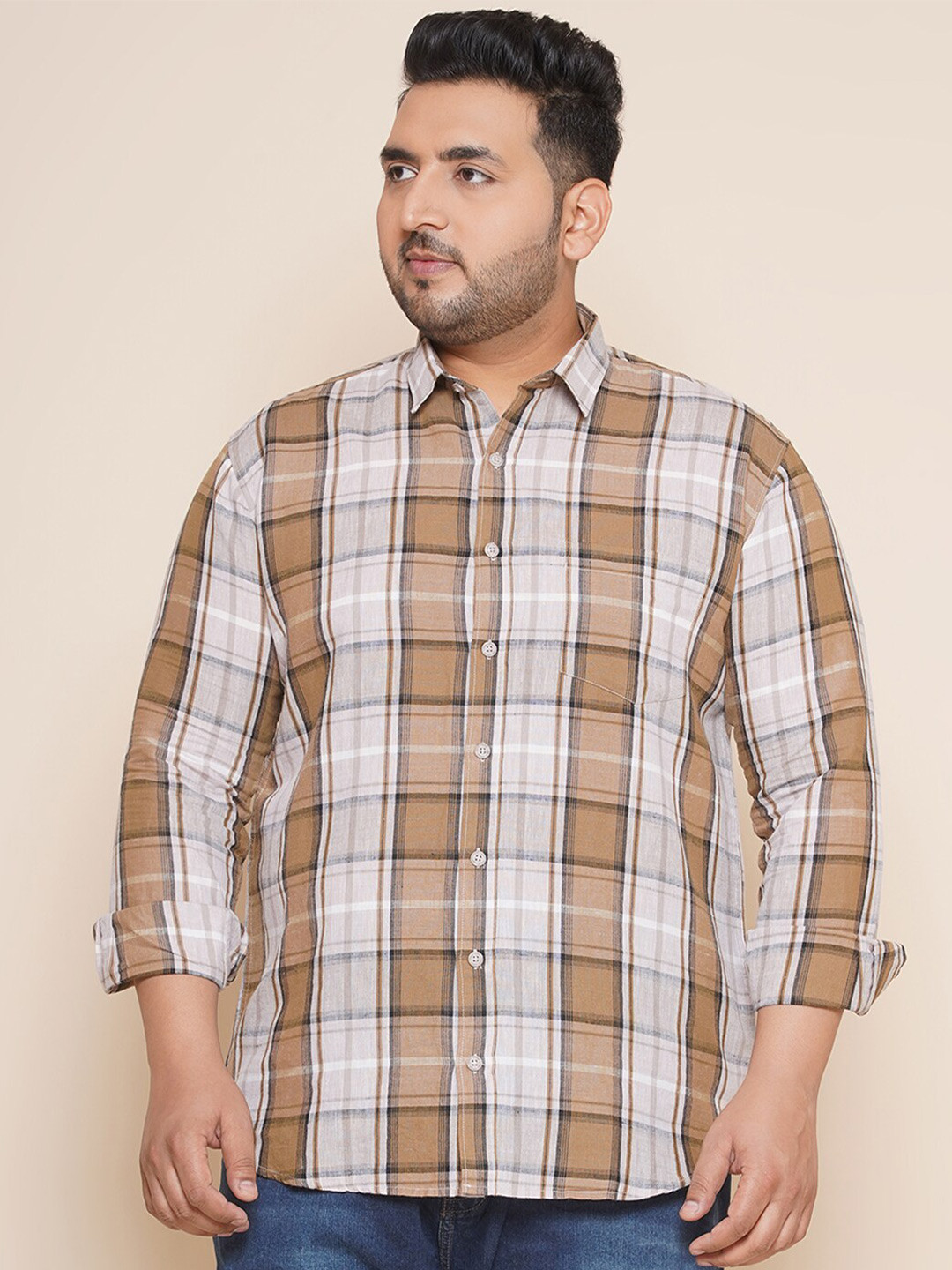 John Pride Men Plus Size Brown Tartan Checks Opaque Checked Casual  Shirt
