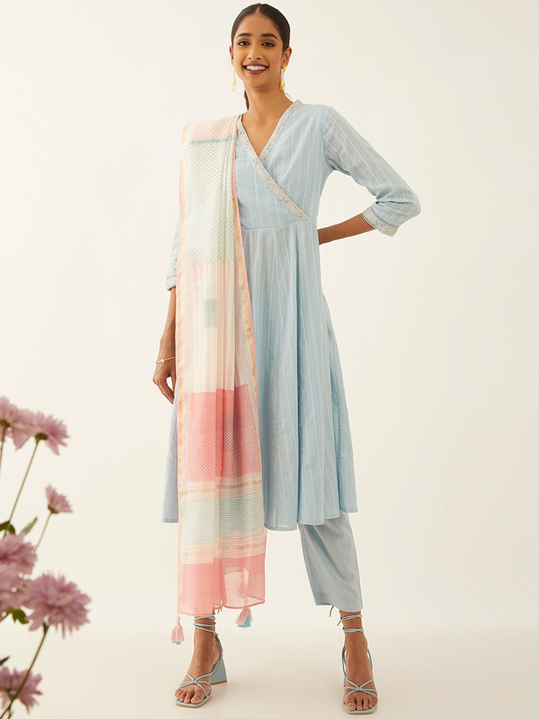 Taneira Embroidered Anarkali Pure Cotton Kurta & Trousers With Dupatta