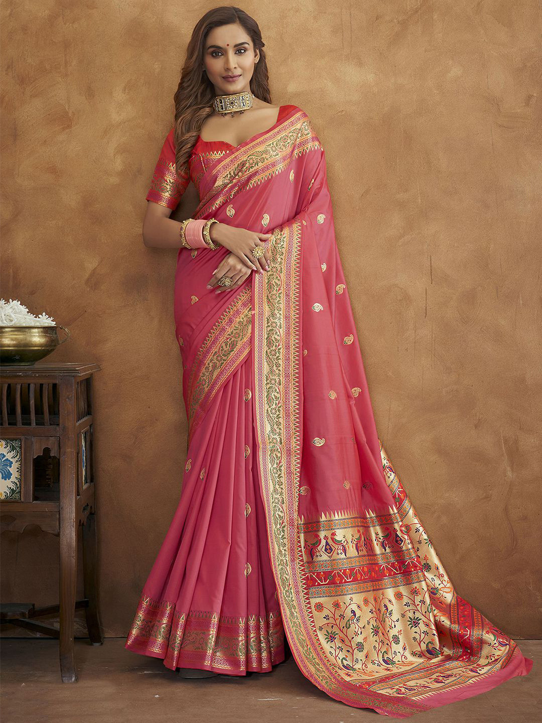 Mitera Pink & Beige Woven Design Zari Silk Blend Paithani Saree