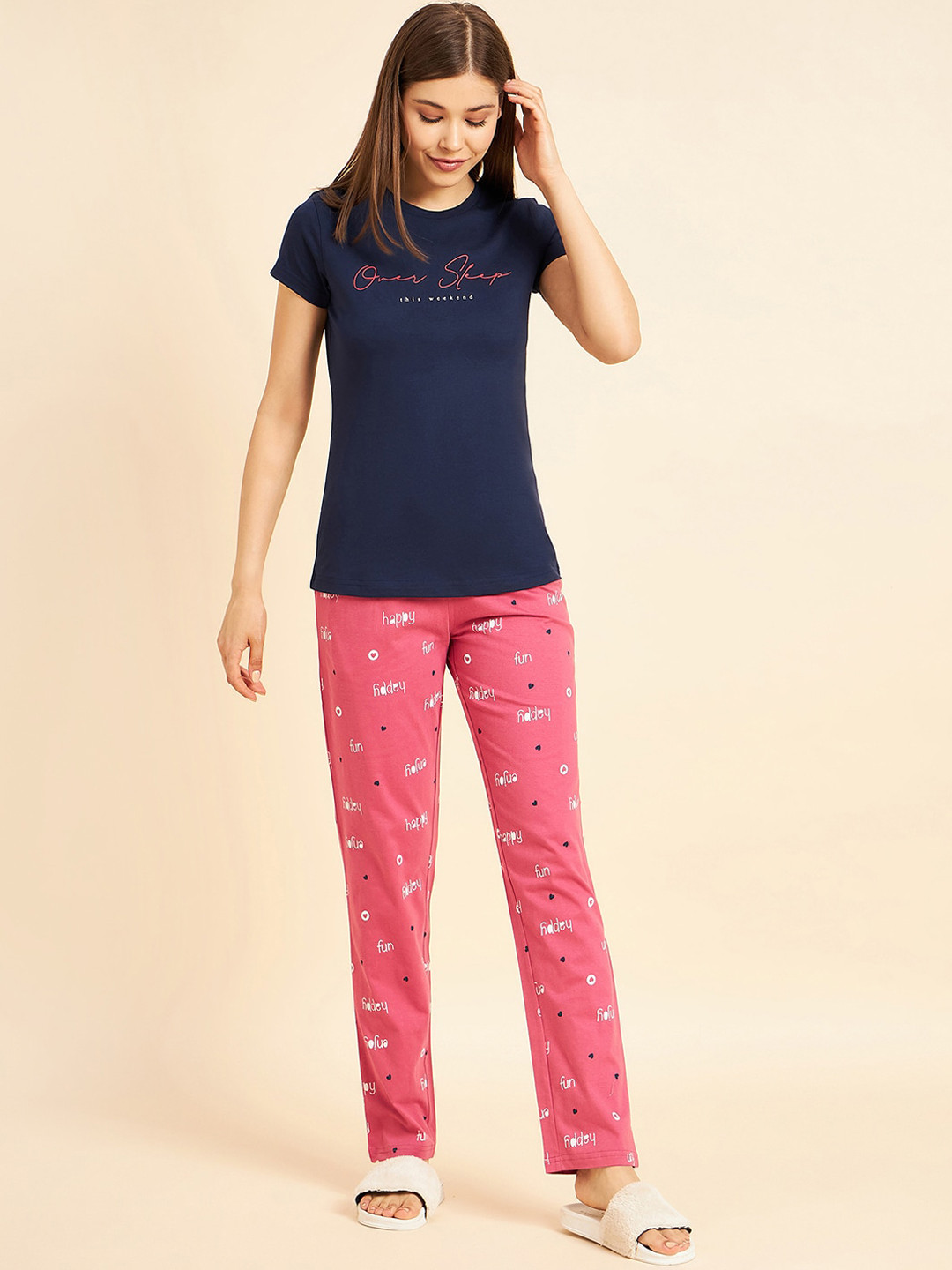 Sweet Dreams Navy Blue & Pink Typography Printed Pure Cotton Night suit