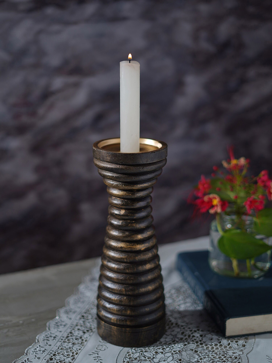 Folkstorys Brown Textured Circular Column wooden Candle Holder