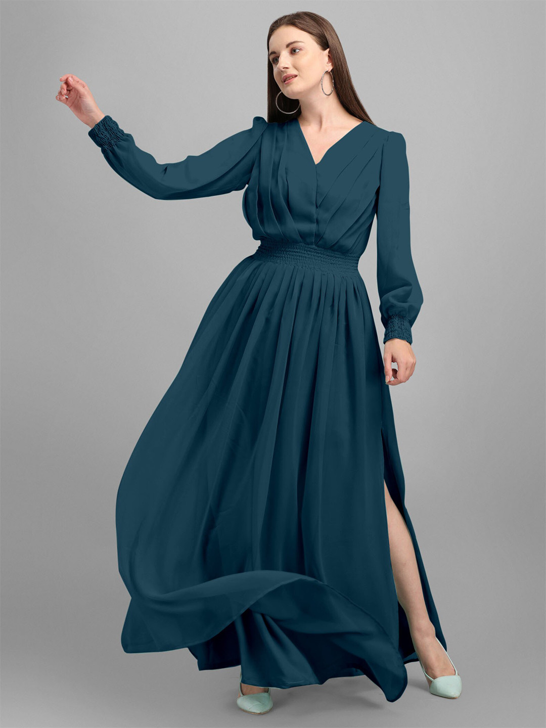 Femvy Teal Blue V-Neck Cuffed Sleeves Georgette Maxi Dress