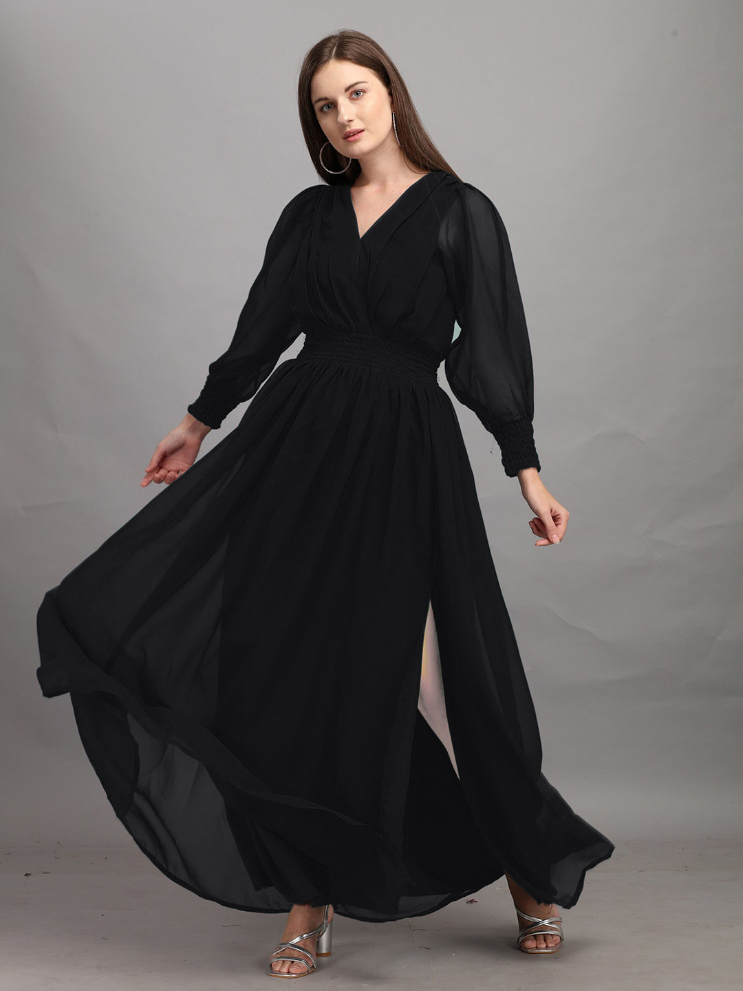 Femvy V- Neck Bishop Sleeves A-line Maxi Gown