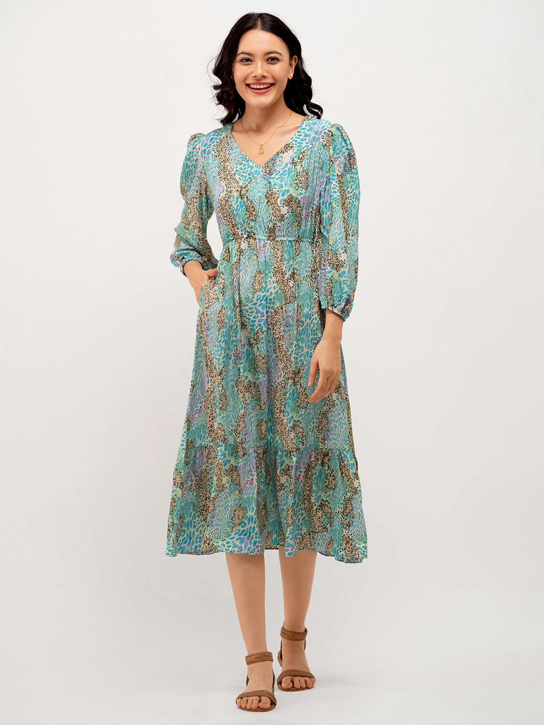 AASK Floral Print Blue Abstract Printed Puff Sleeves Crepe Fit & Flare Midi Dress