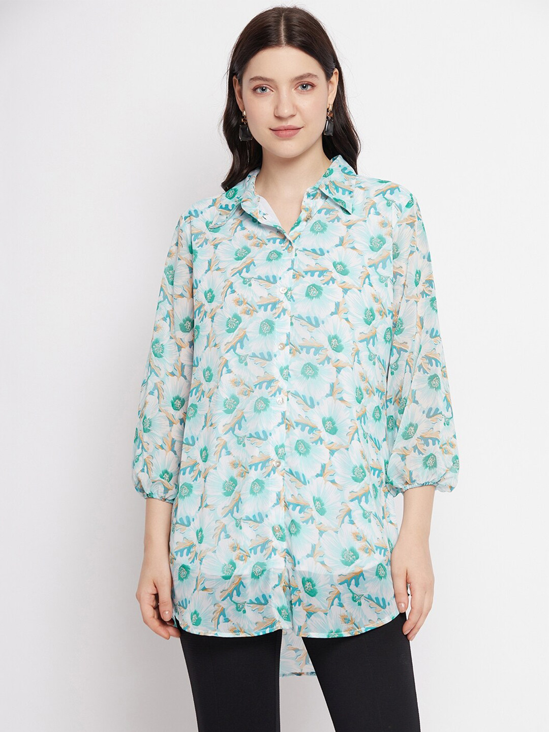 Bitterlime Floral Printed Shirt Collar Tunic
