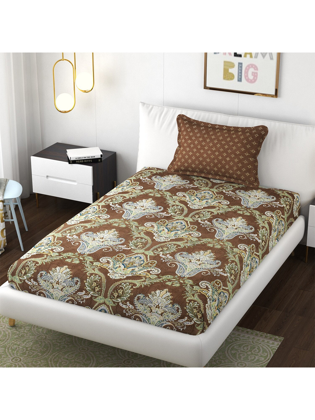 Florida Brown Ethnic Motifs Microfiber 250 TC Single Fine Bedsheet with a Pillow Cover-61 x 86 cm