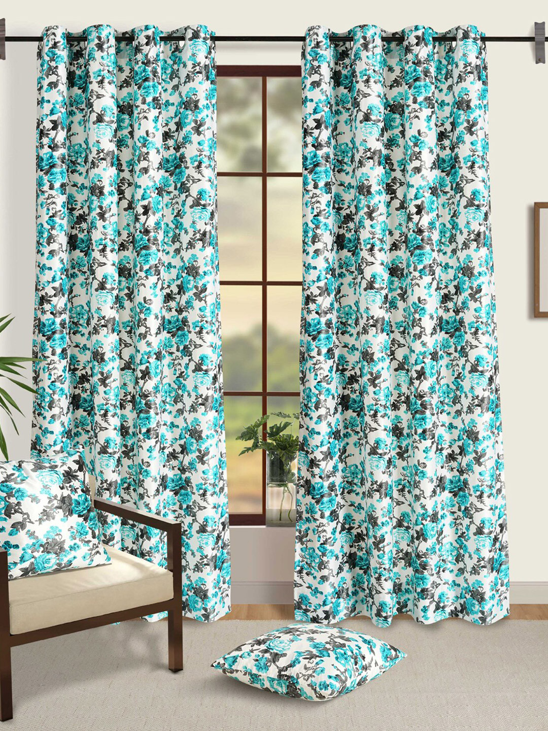 SWAYAM Omega Blue & White 2 Pieces Floral Blackout 330 GSM Door Curtains
