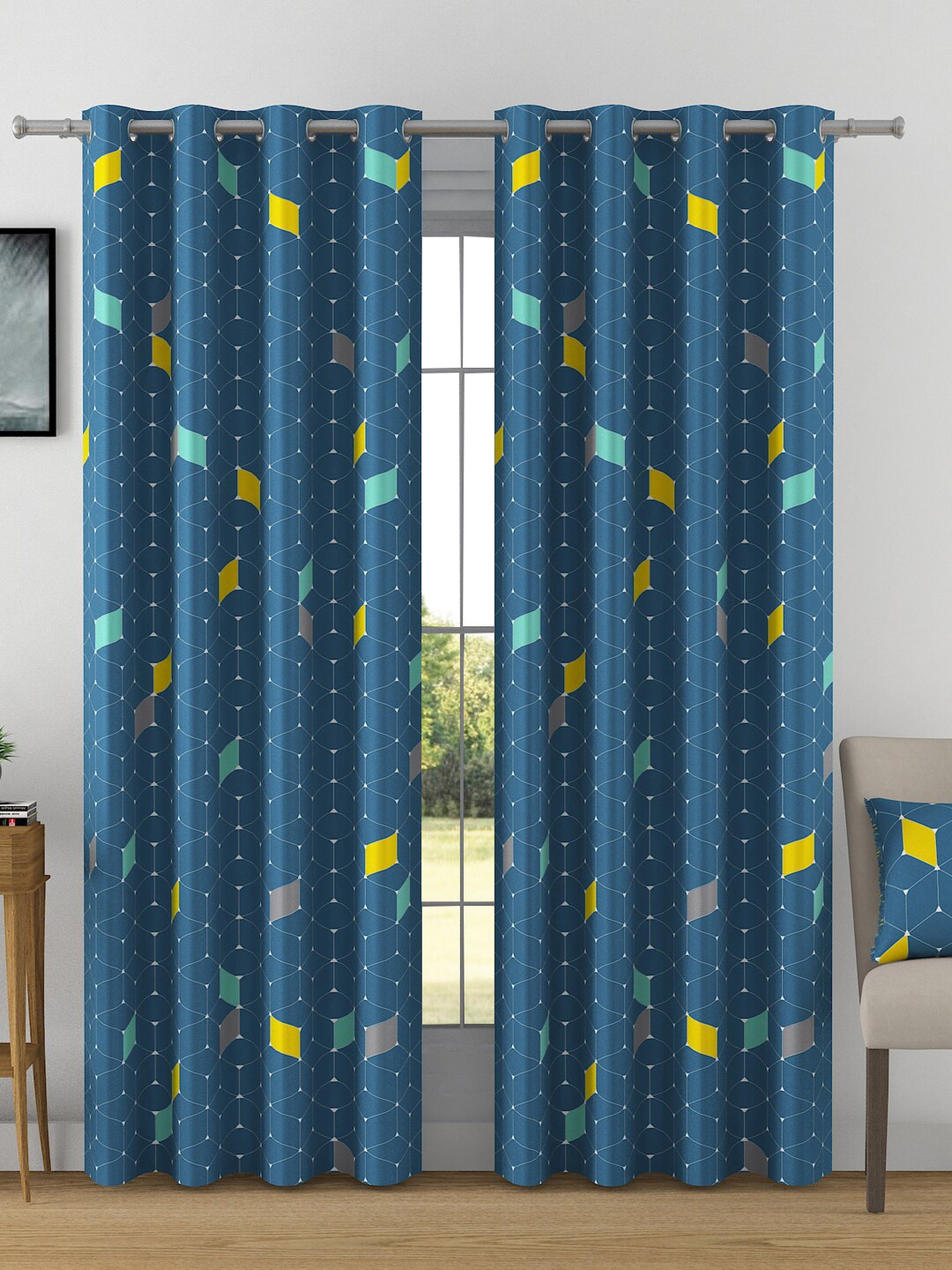 SWAYAM Omega Blue & White 2 Pieces Geometric Blackout 330 GSM Long Door Curtains