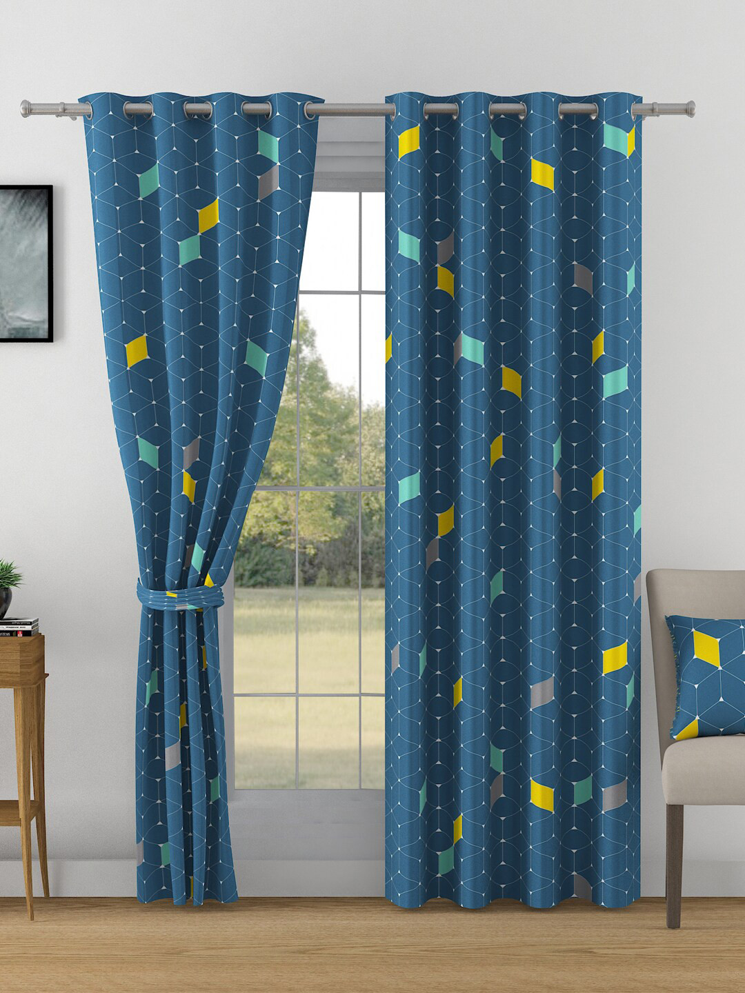 SWAYAM Omega Blue & White Blackout 330 GSM Single Printed Door Curtains
