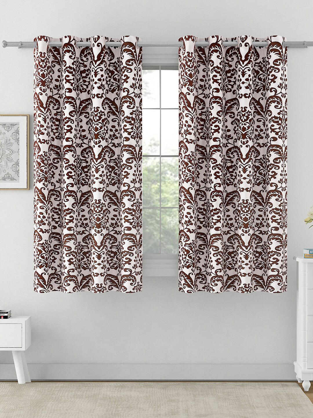 SWAYAM Omega Brown & White 2 Pieces Ethnic Motifs Blackout 330 GSM Window Curtains