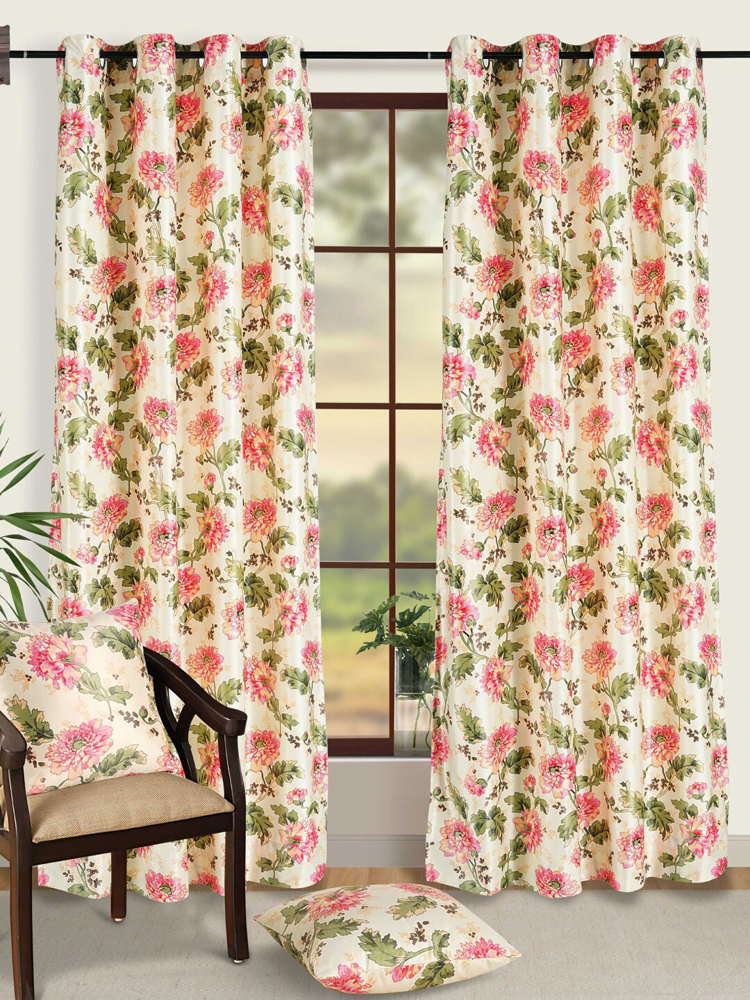 SWAYAM Omega Yellow & Pink 2 Pieces Floral Blackout 330 GSM Long Door Curtains