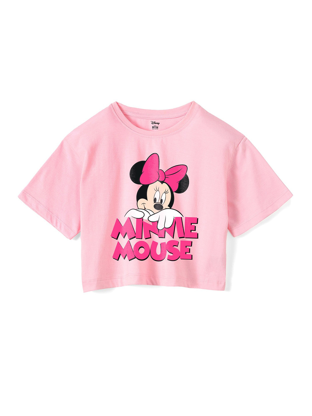 Wear Your Mind Girls Minnie Mouse Printed Crop Boxy -Fit Pure Cotton T-Shirt