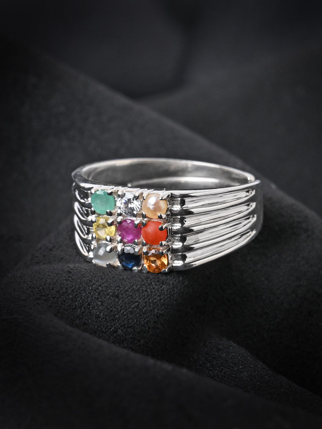 Clara Men 925 Silver Artificial Stones Studded Anagh Adjustable Finger Ring