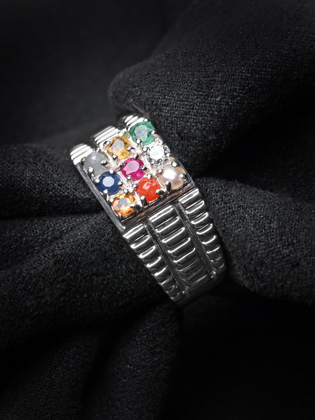 Clara Men 925 Silver Artificial Stones Studded Adjustable Finger Ring