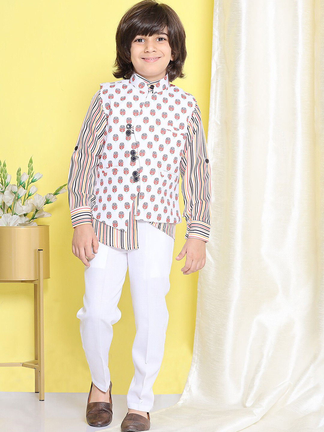 Aj DEZInES Boys Printed White Striped Pure Cotton Kurta with Trousers & Waistcoat Set