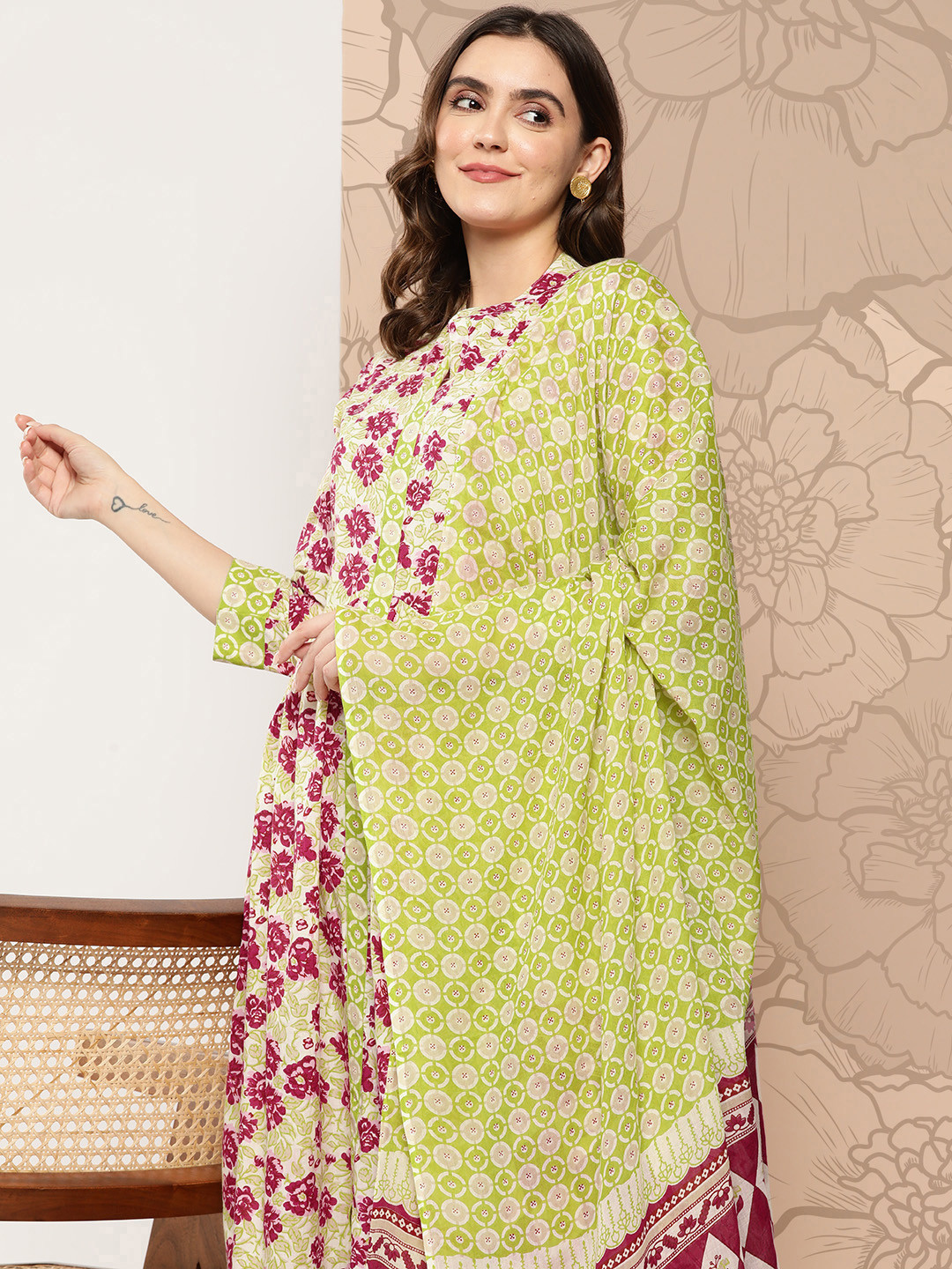KALINI Women Floral Printed Empire Pure Cotton Kurta with Palazzos & With Dupatta