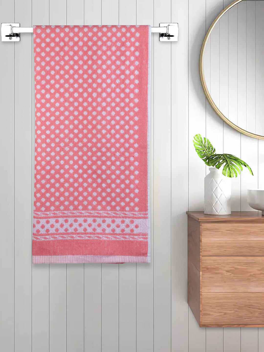 FABINALIV Pink & White Polka Dot 450 GSM Cotton Bath Towel