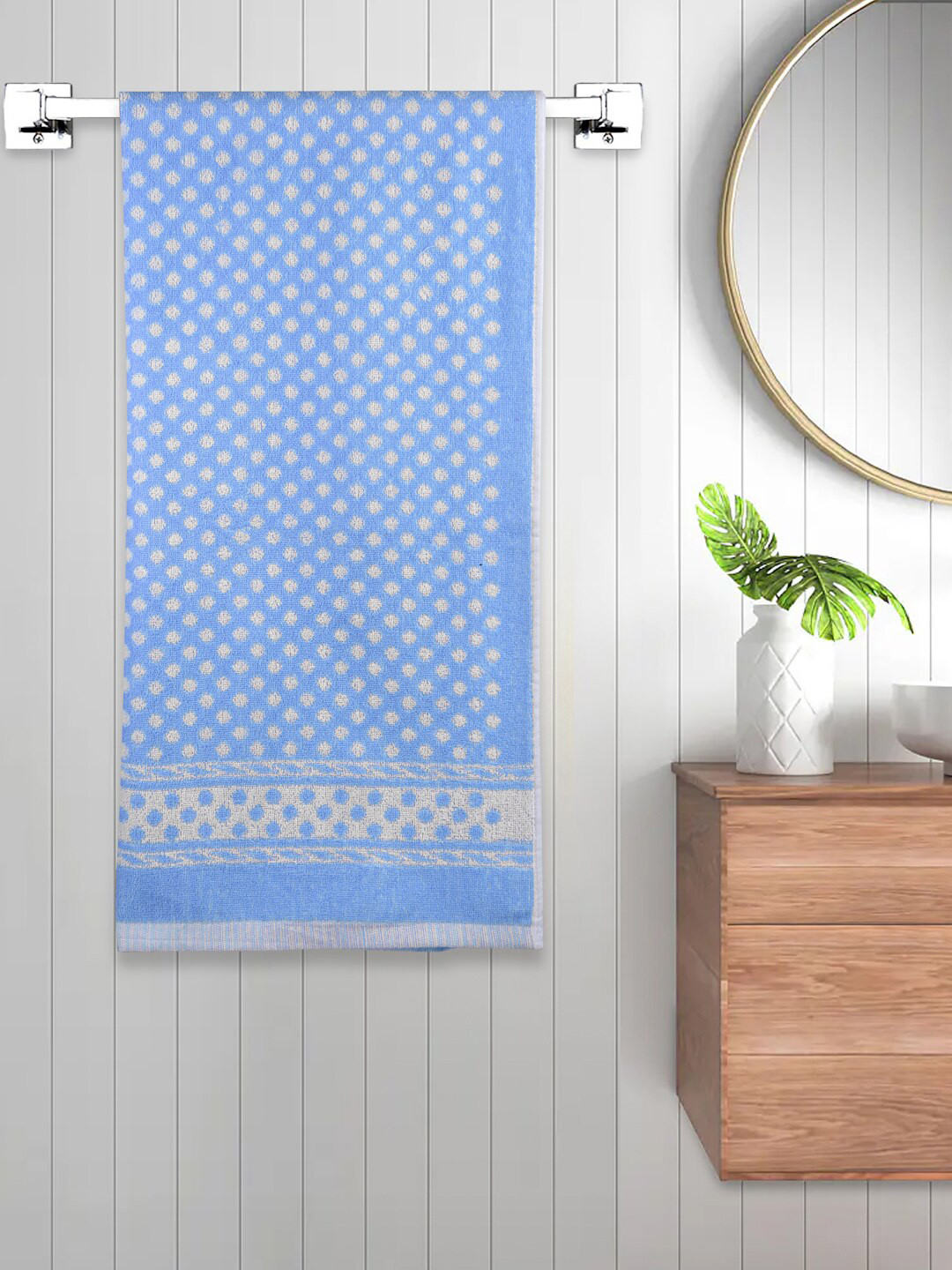 FABINALIV Blue & Grey Polka Dot Printed 450 GSM Cotton Bath Towel