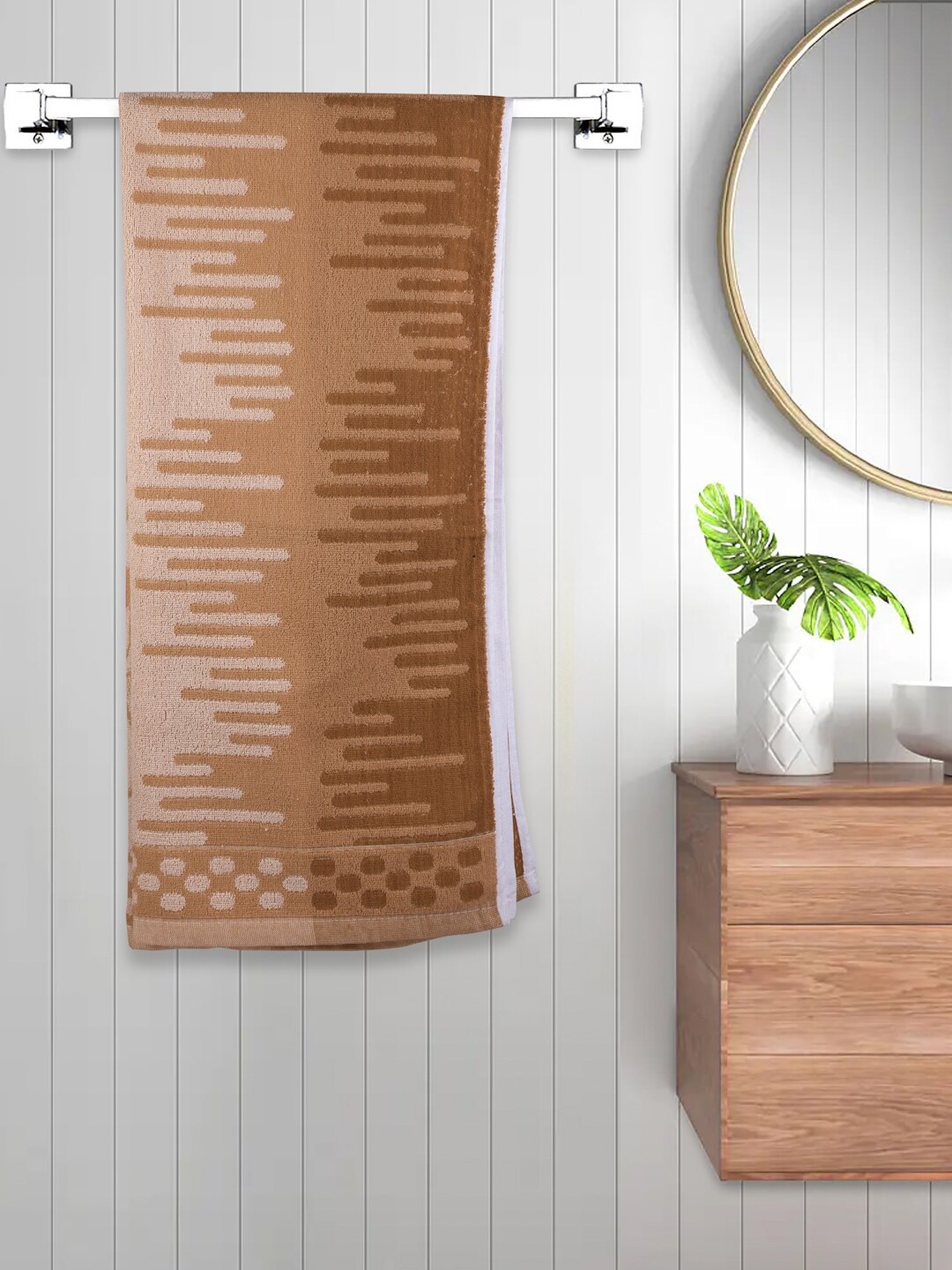 FABINALIV Brown & Beige Abstract Printed 450 GSM Cotton Bath Towel