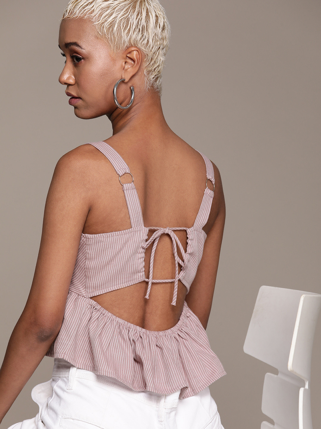 The Roadster Lifestyle Co. Cut-Out & Tie-Up Back Striped Cotton Peplum Crop Top