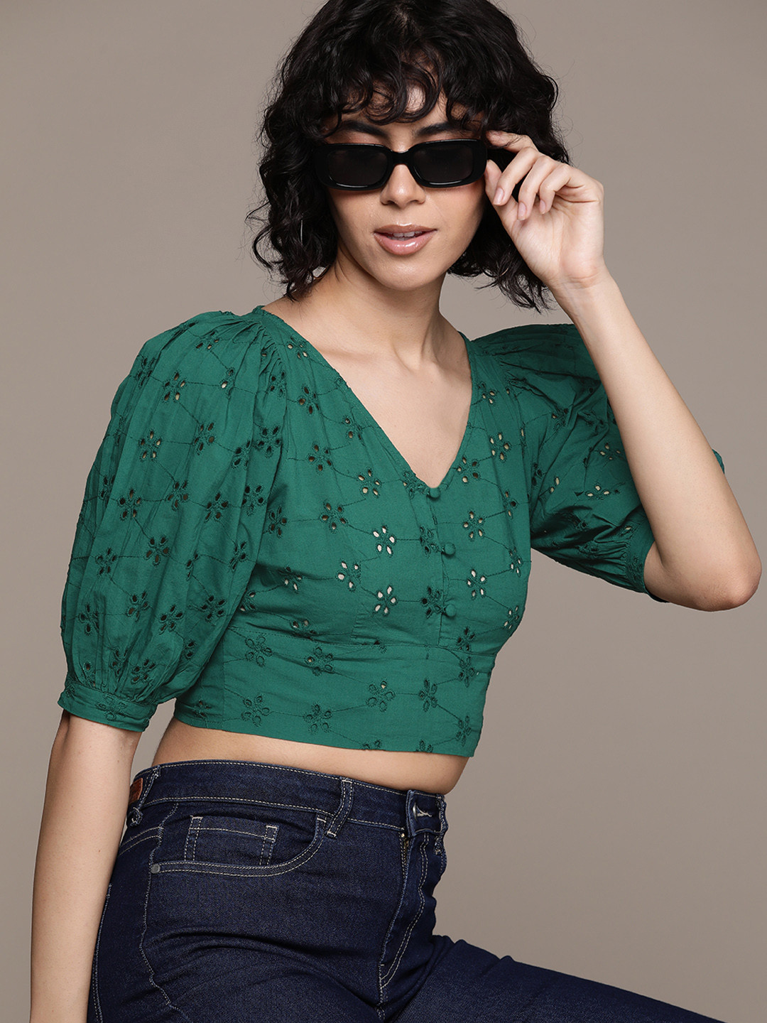 The Roadster Lifestyle Co. Schiffli Embroidered Back Tie-Up Cotton Crop Top