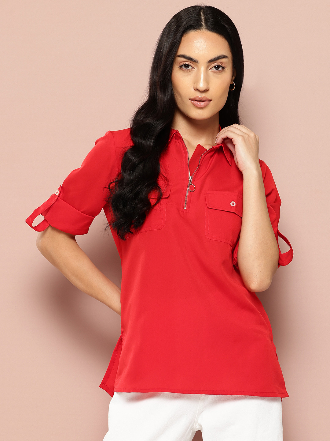 Harvard Solid Chest Pockets-Detailed Roll-Up Sleeves Opaque Casual Shirt